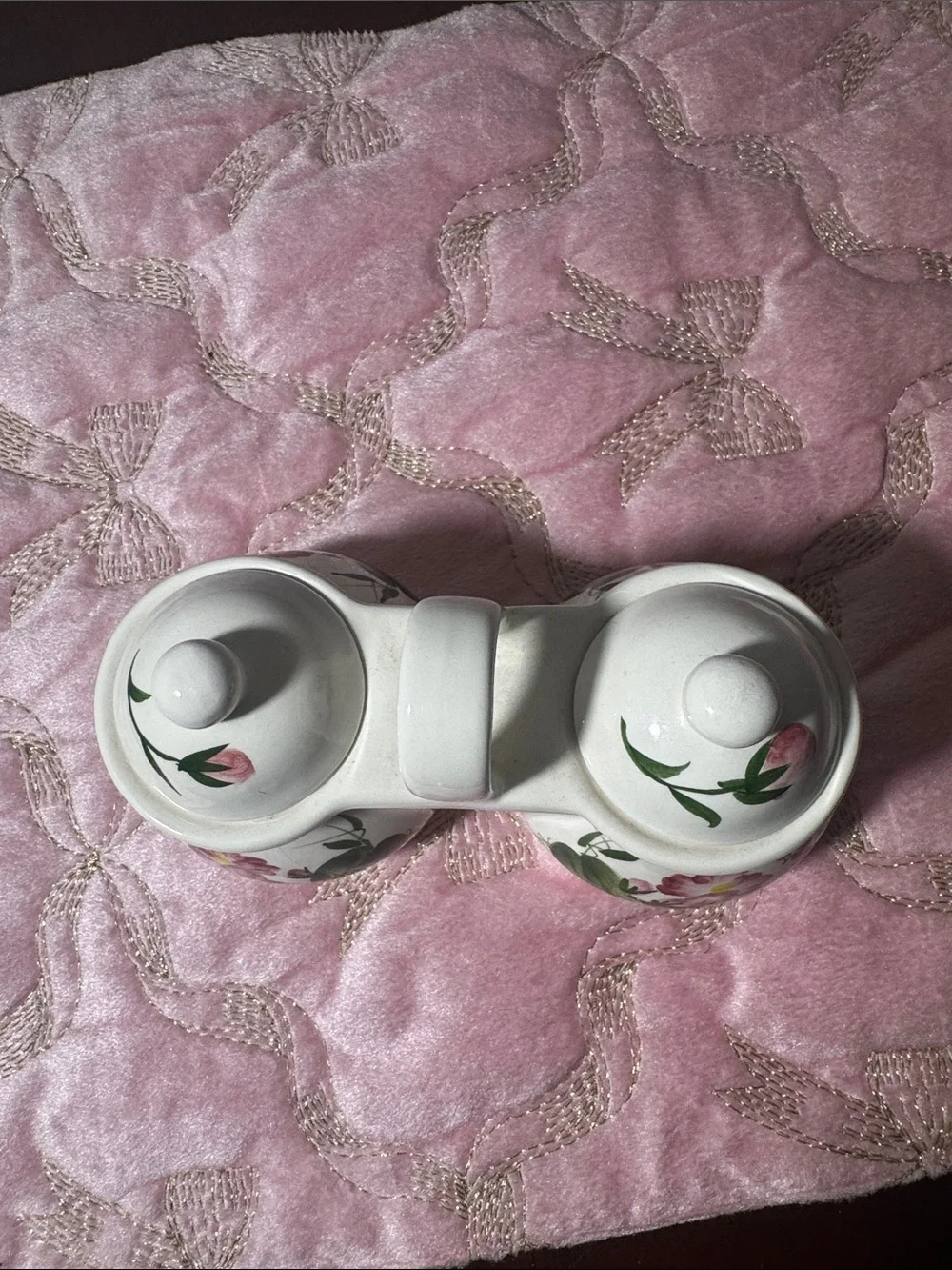 White Floral Ceramic Double Condiment sugar bowl with Lids